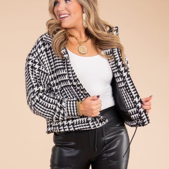 Tribal Houndstooth Bomber Jacket - Faux Leather Trim (Sleeves/Collar) - Picture 4 of 15